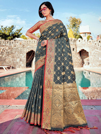 Grey Banarasi Silk Woven Design Saree With Blouse Piece - Odette