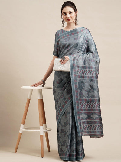 Grey Casual Bhagalpuri Silk Printed Saree With Unstitched Blouse - Odette