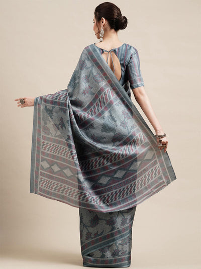 Grey Casual Bhagalpuri Silk Printed Saree With Unstitched Blouse - Odette