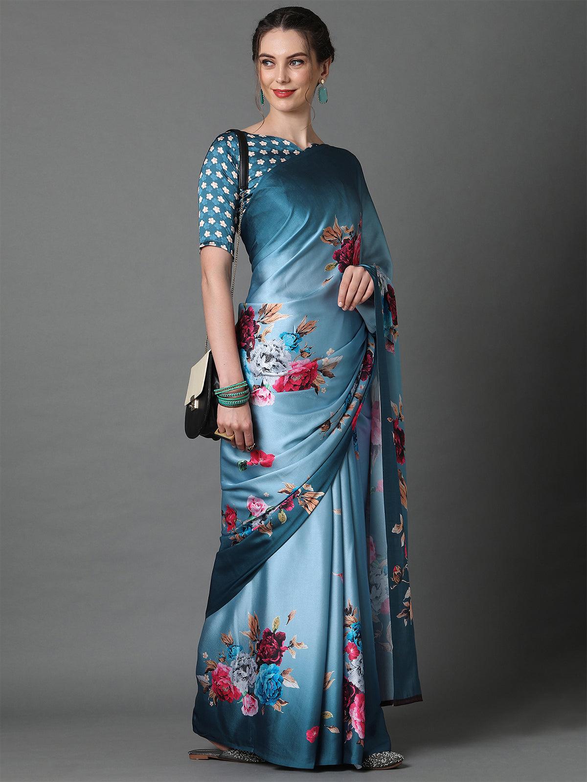 Grey Casual Crepe Printed Saree With Unstitched Blouse - Odette