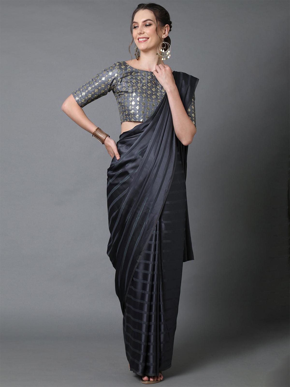 Grey Casual Georgette And Satin Solid Saree With Unstitched Blouse - Odette