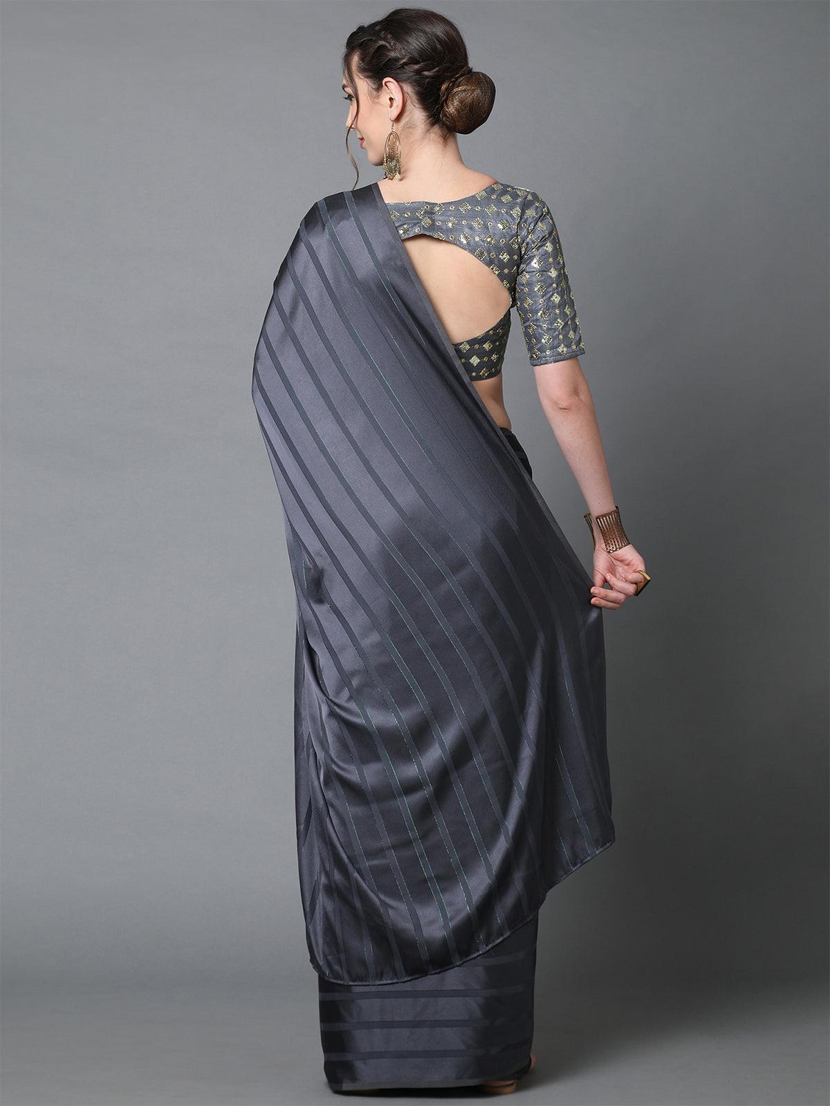Grey Casual Georgette And Satin Solid Saree With Unstitched Blouse - Odette