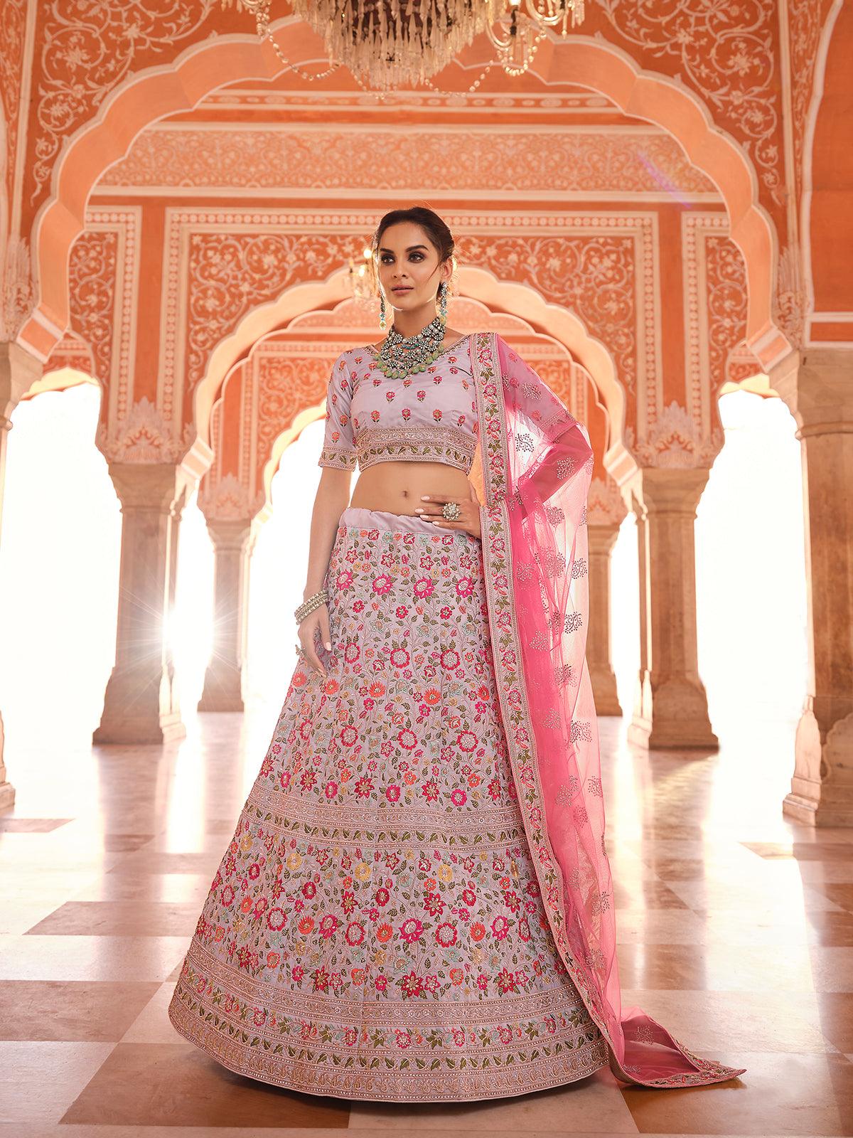 Buy Grey and pink Banarasi silk wedding lehenga choli in UK, USA and Canada