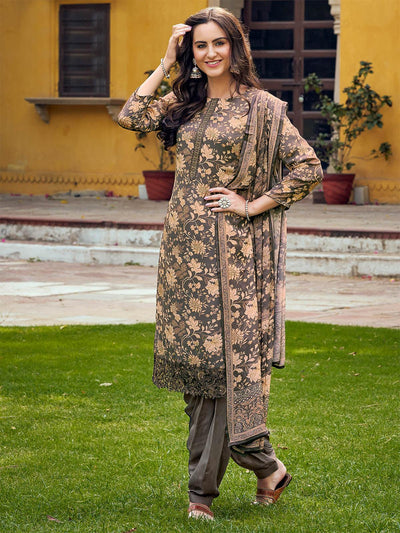 Grey Crepe Printed And Embroidered Dress Material For Women - Odette