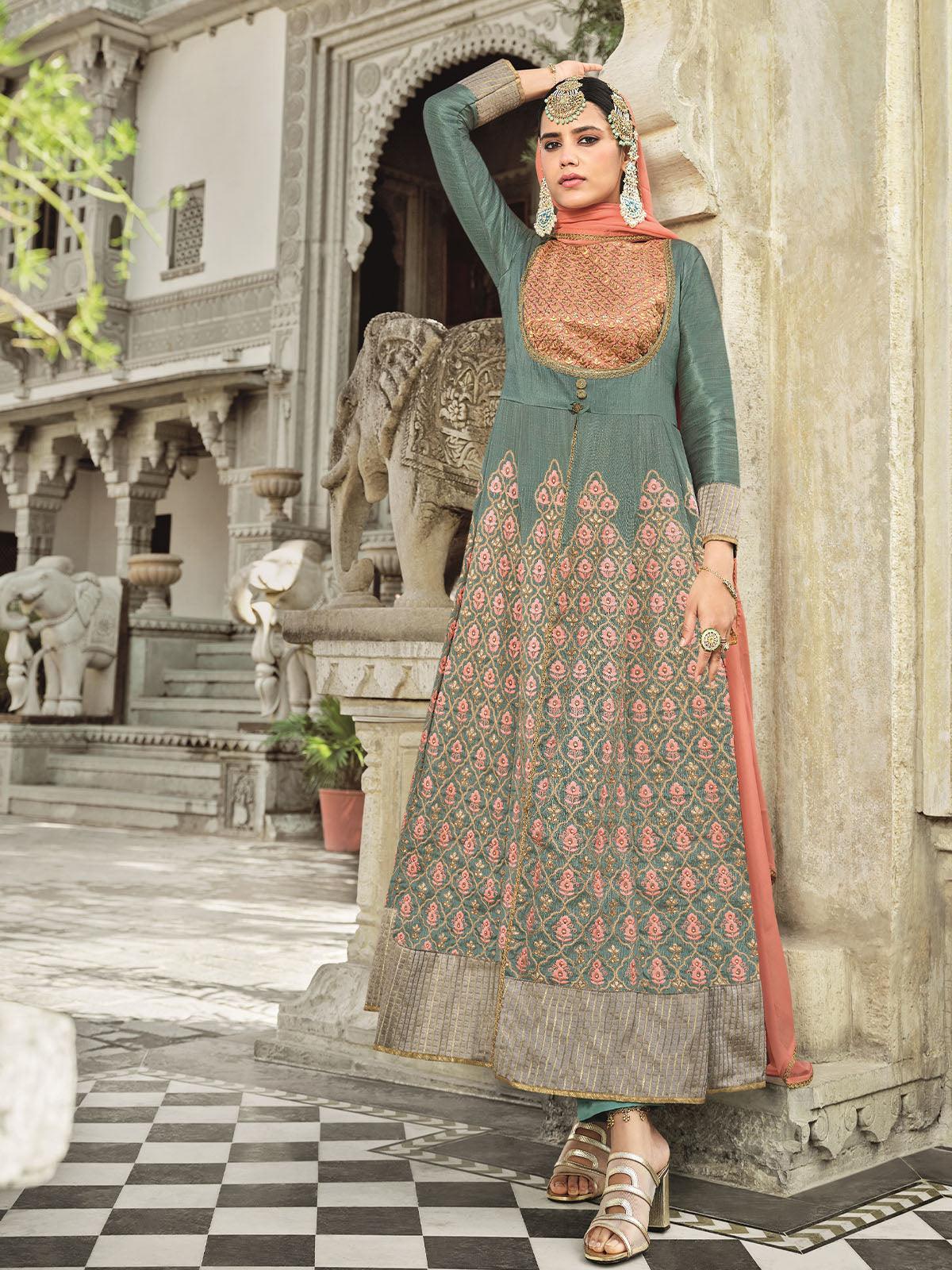 Grey Embroidered Dress Material With Dupatta - Odette