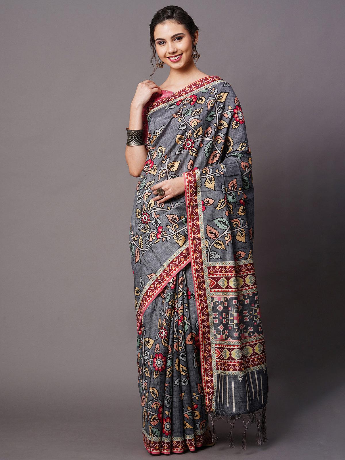 Grey Festive Bhagalpuri Silk Printed Saree With Unstitched Blouse - Odette