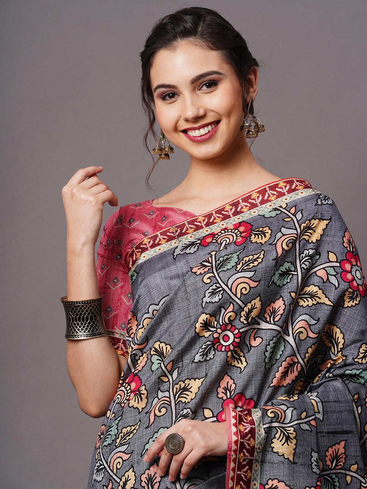 Grey Festive Bhagalpuri Silk Printed Saree With Unstitched Blouse - Odette