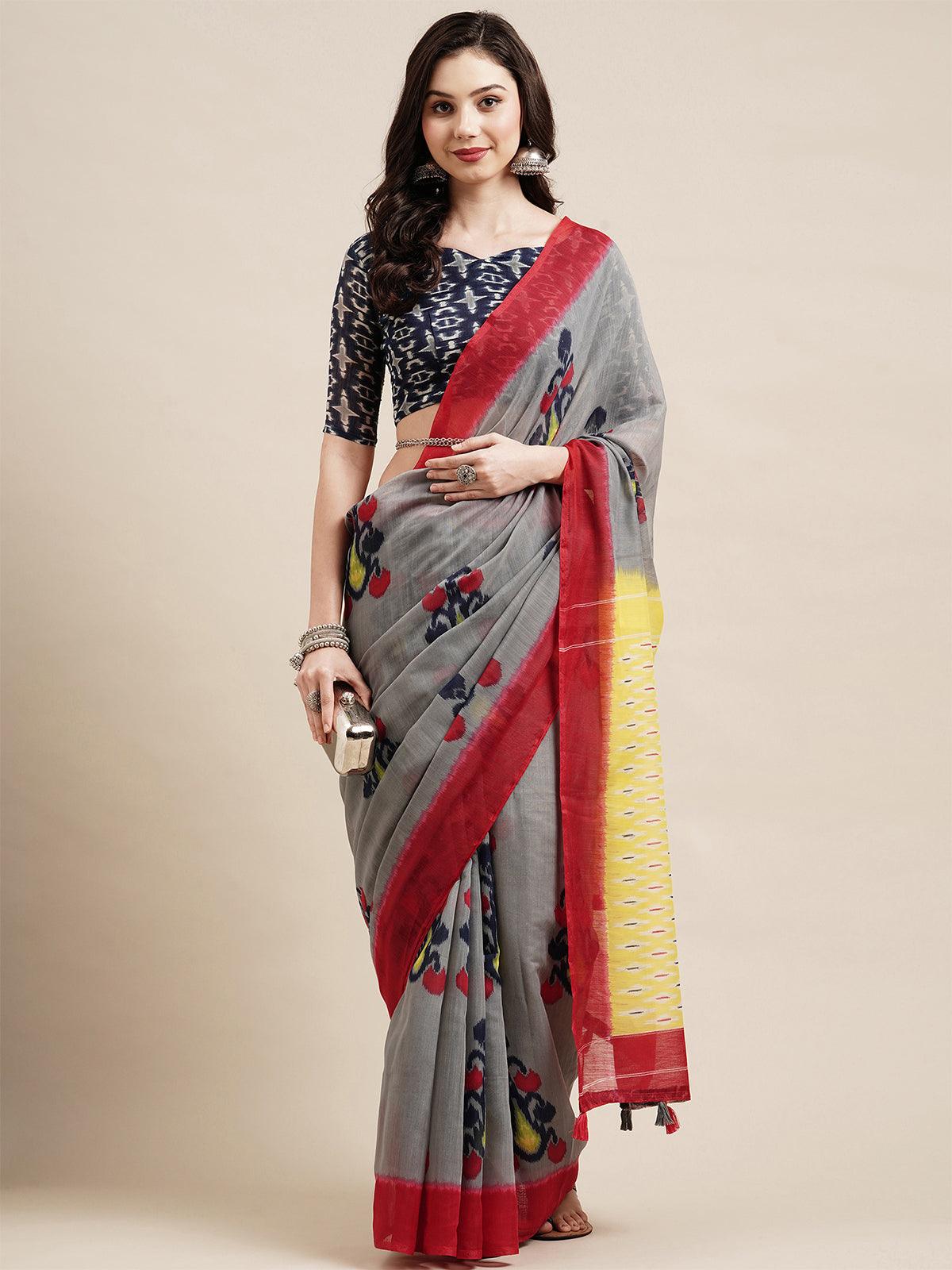 Grey Festive Cotton Printed Saree With Unstitched Blouse - Odette