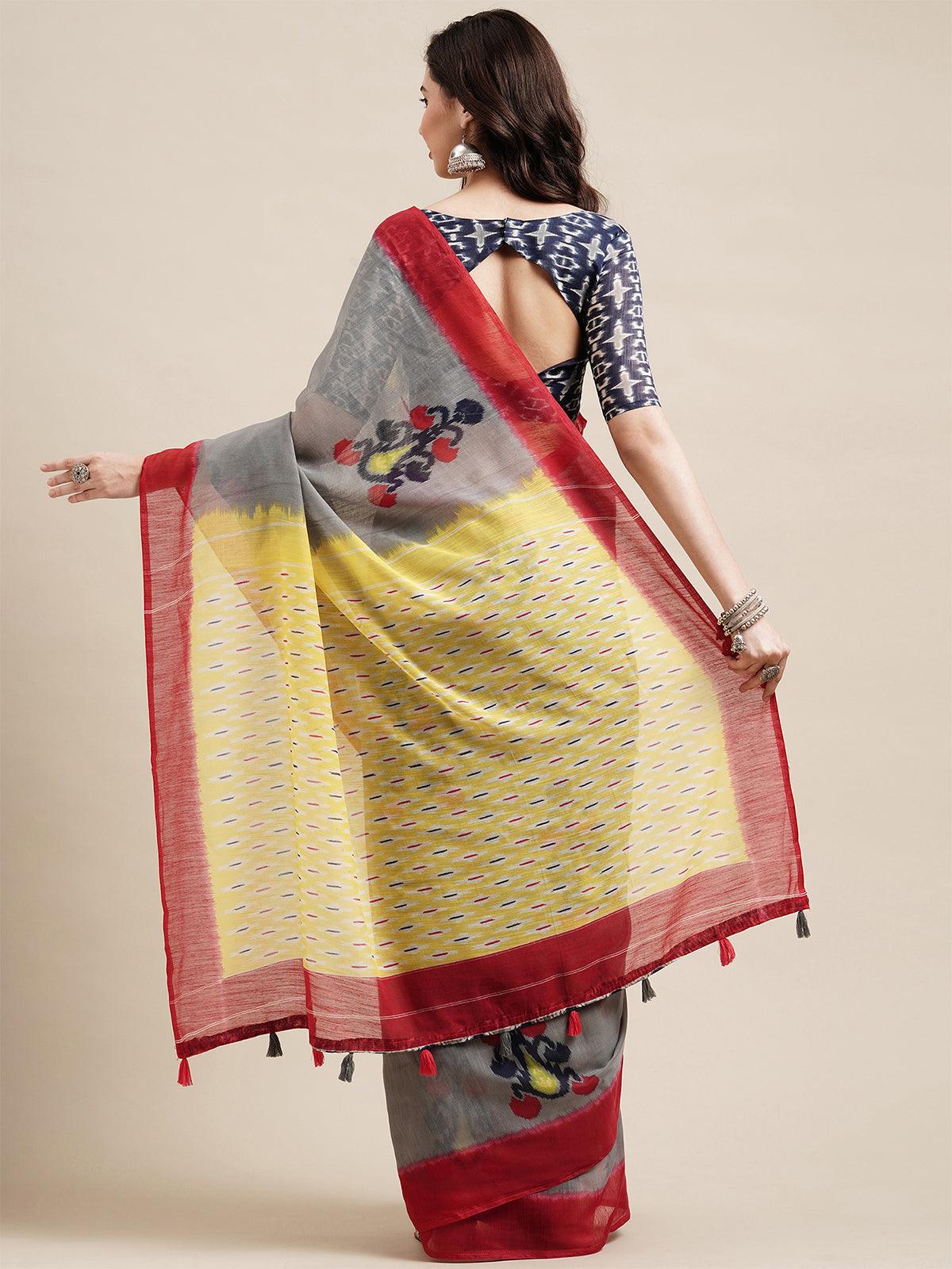 Grey Festive Cotton Printed Saree With Unstitched Blouse - Odette