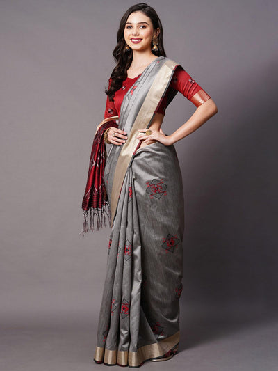Grey Festive Cotton silk Woven Design Saree With Unstitched Blouse - Odette