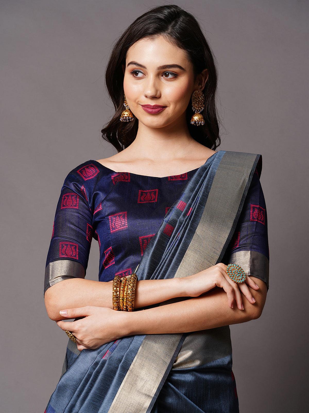 Grey Festive Cotton silk Woven Design Saree With Unstitched Blouse - Odette