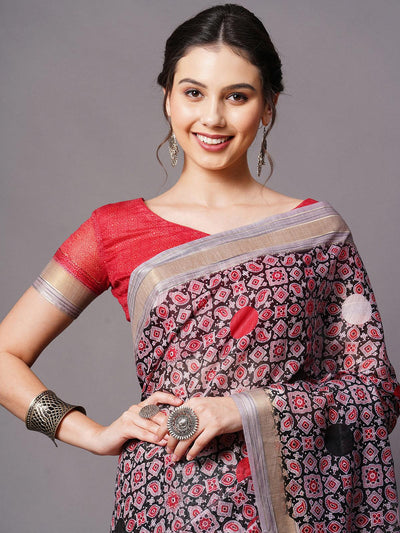 Grey Festive Linen Blend Printed Saree With Unstitched Blouse - Odette