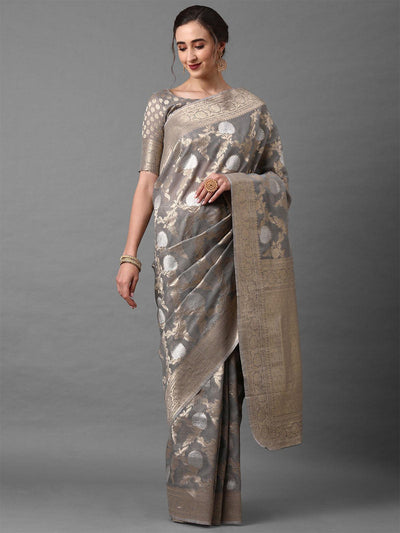 Grey Festive Silk Blend Banarsi Saree With Unstitched Blouse - Odette