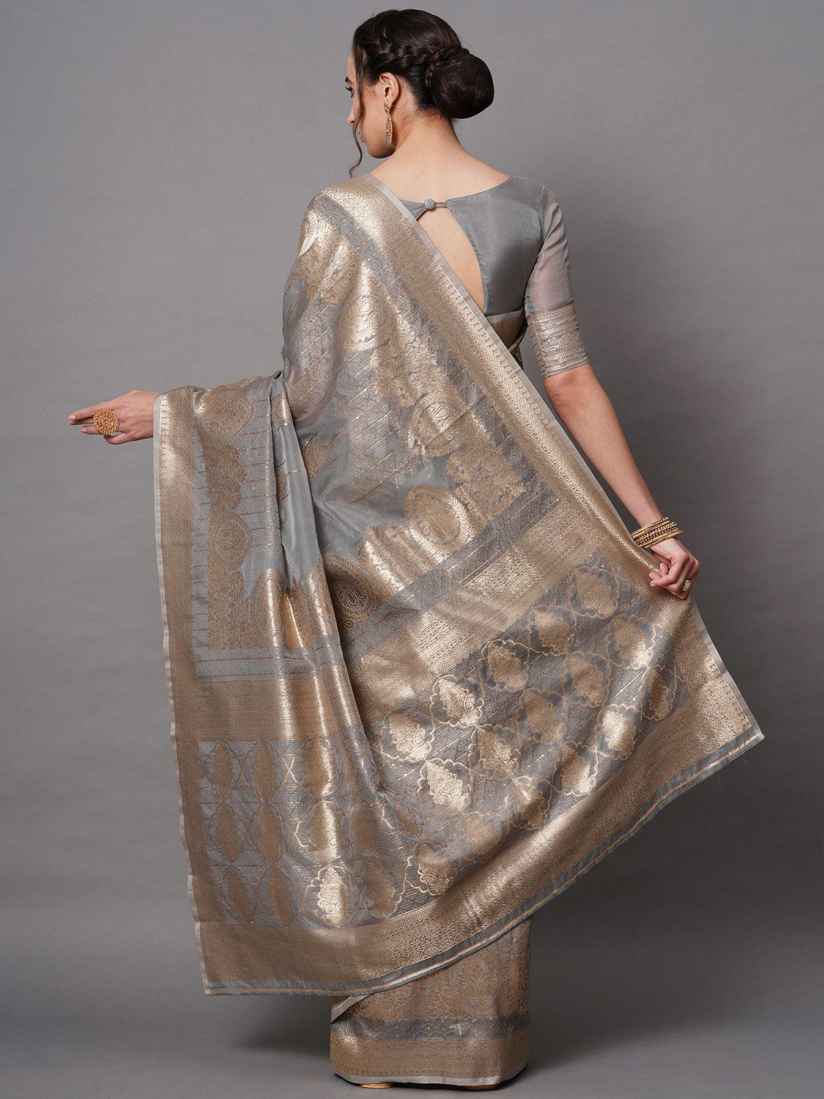 Grey Festive Silk Blend Embroidered Saree With Unstitched Blouse - Odette