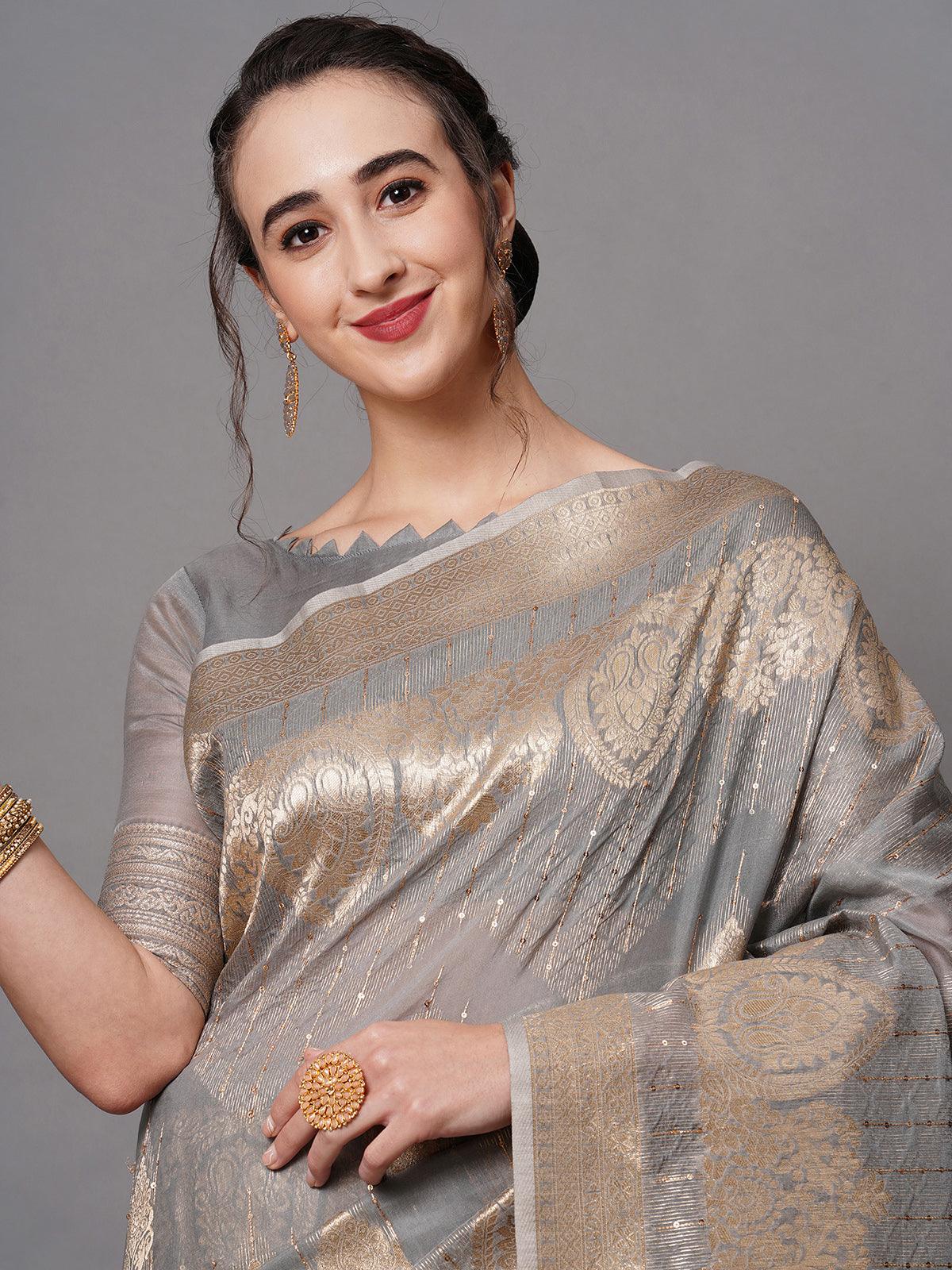 Grey Festive Silk Blend Embroidered Saree With Unstitched Blouse - Odette