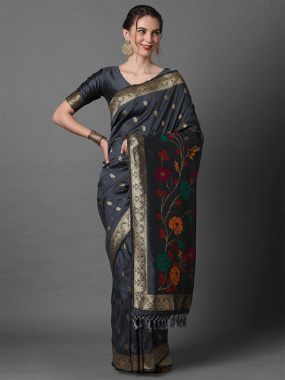 Grey Festive Silk Blend Woven Design Saree With Unstitched Blouse - Odette