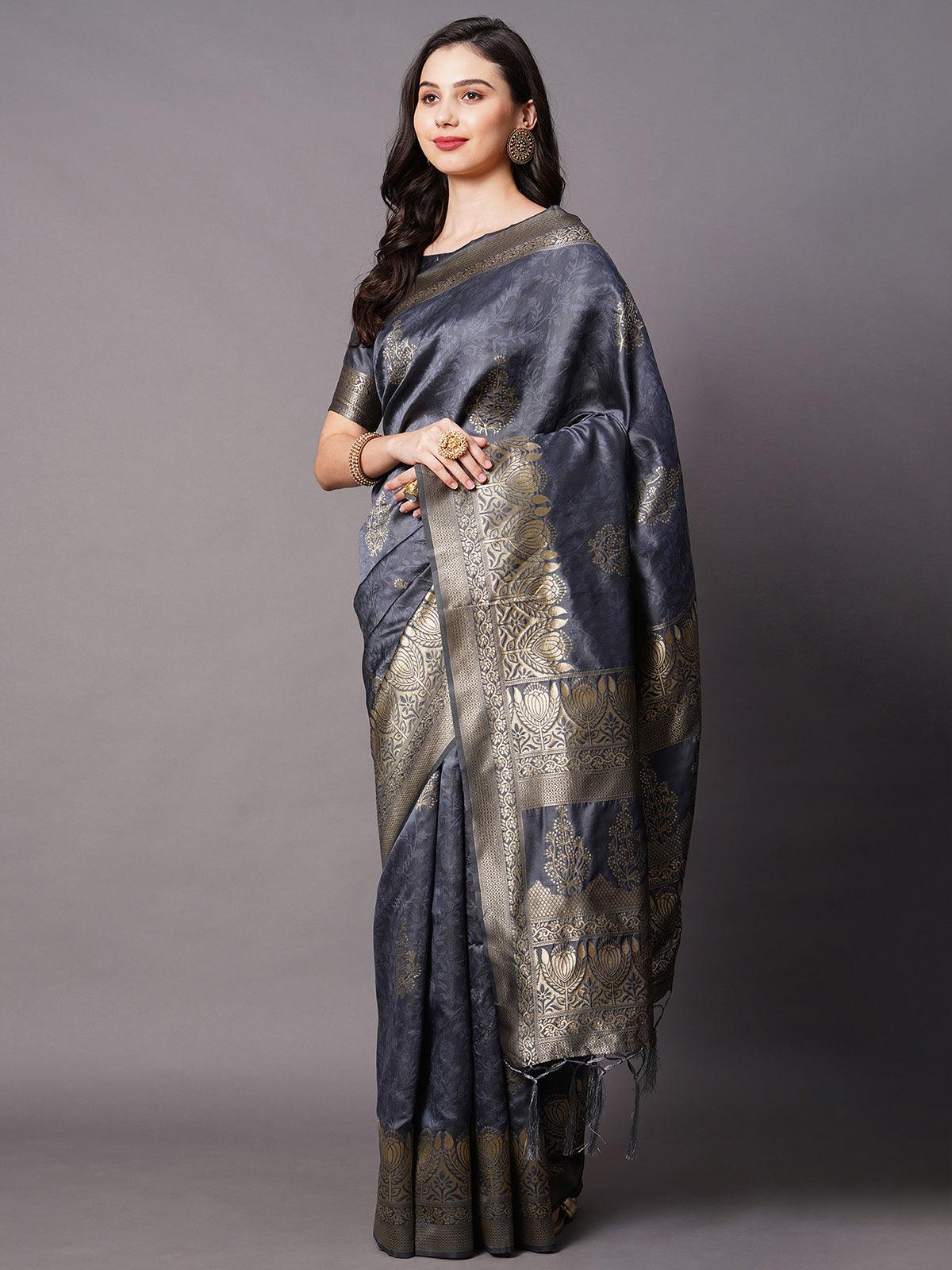 Grey Festive Silk Blend Woven Design Saree With Unstitched Blouse - Odette