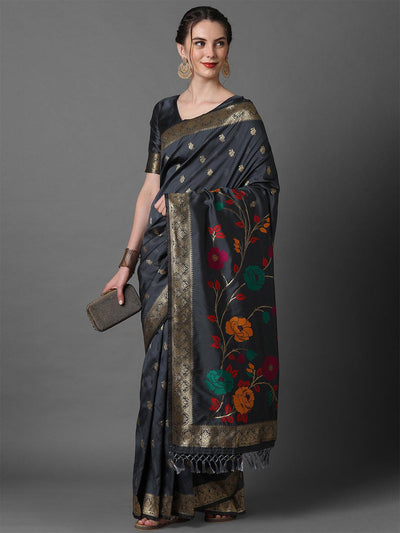 Grey Festive Silk Blend Woven Design Saree With Unstitched Blouse - Odette