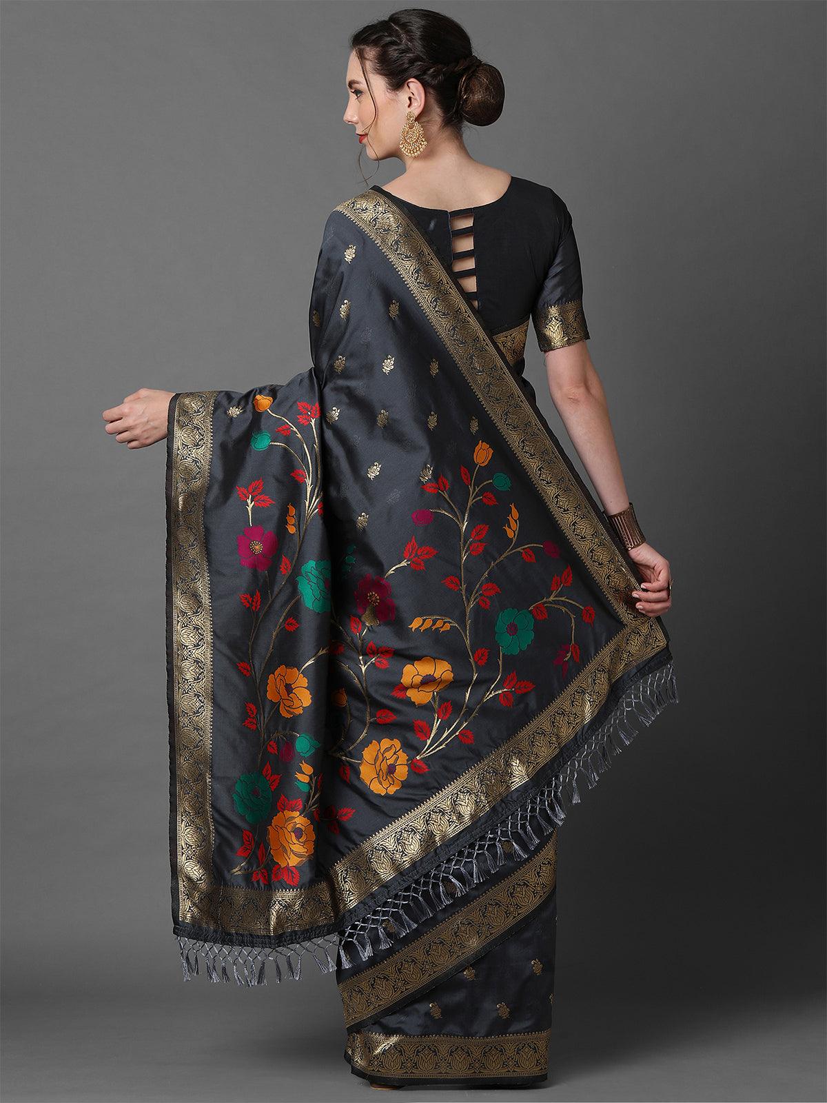 Grey Festive Silk Blend Woven Design Saree With Unstitched Blouse - Odette