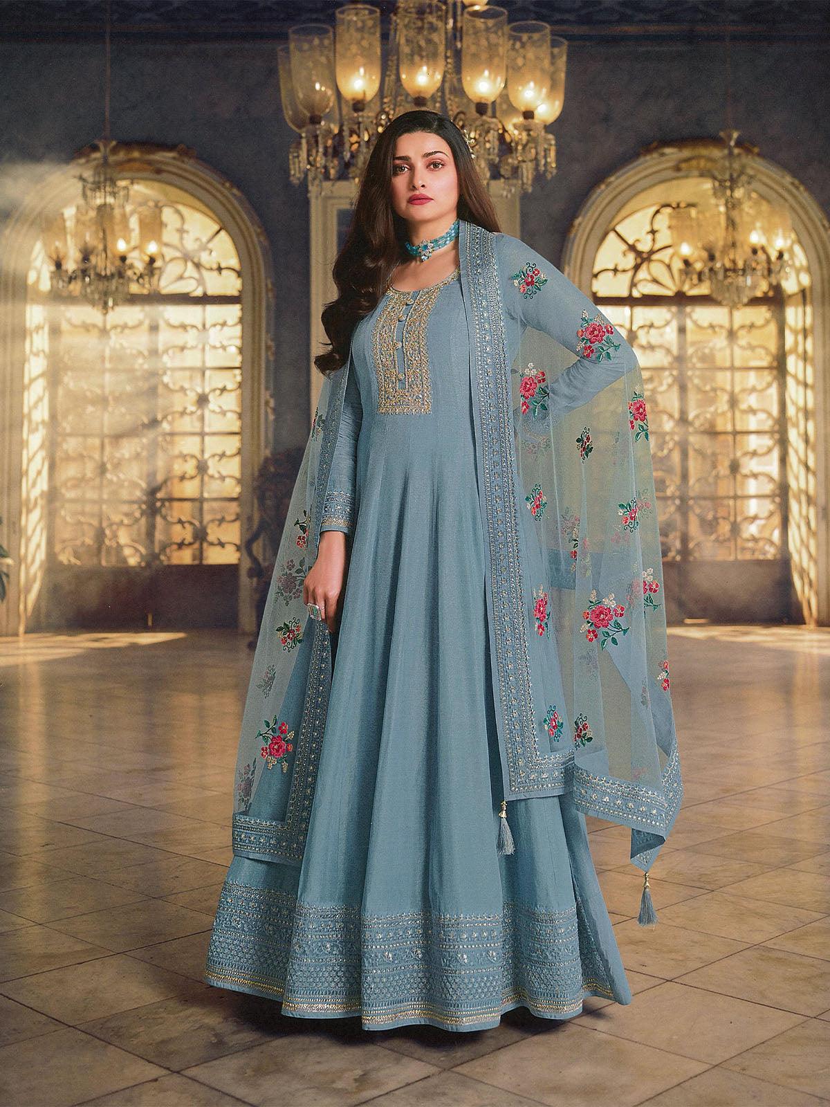 Odette Women Grey Festive Women Semi Stitched Salwar Suit Sets