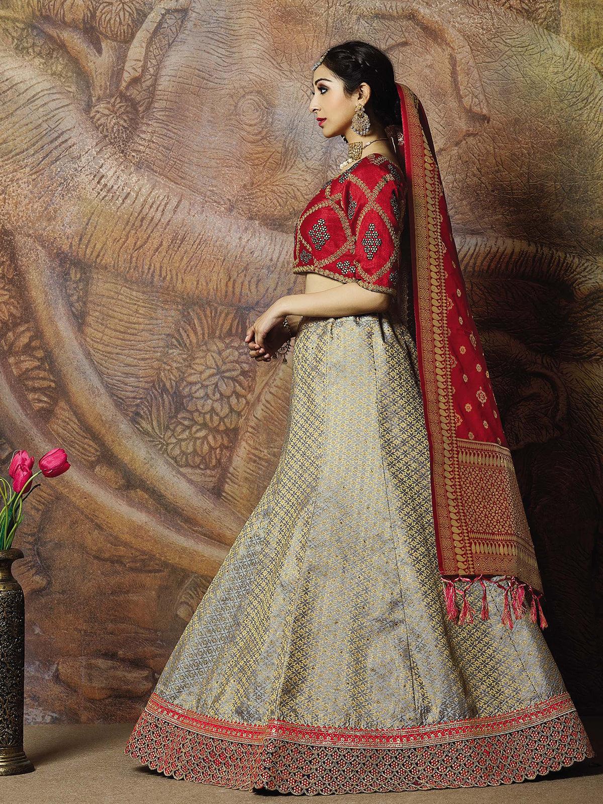 Grey Jacquard weaved silk Designer Lehenga Choli. - Odette