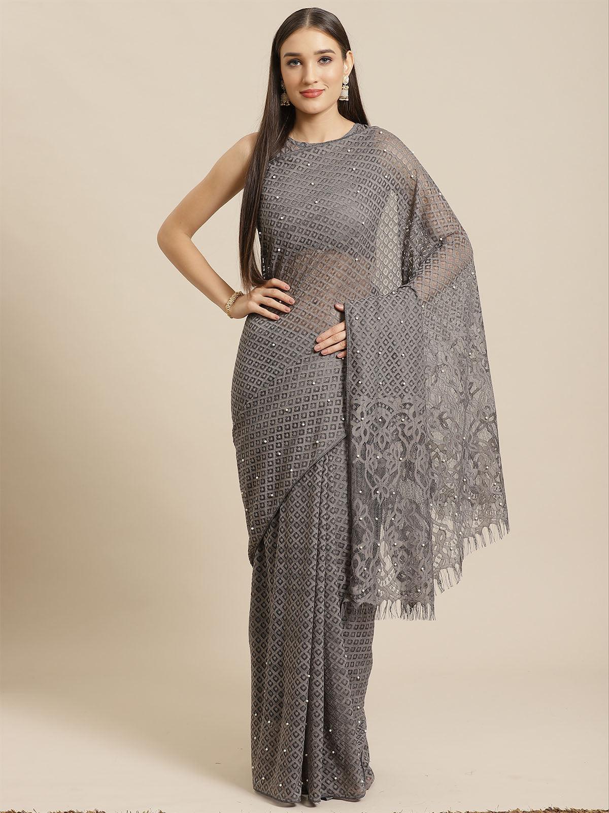 Grey Party Wear Net(Super Net) Solid Saree With Unstitched Blouse - Odette