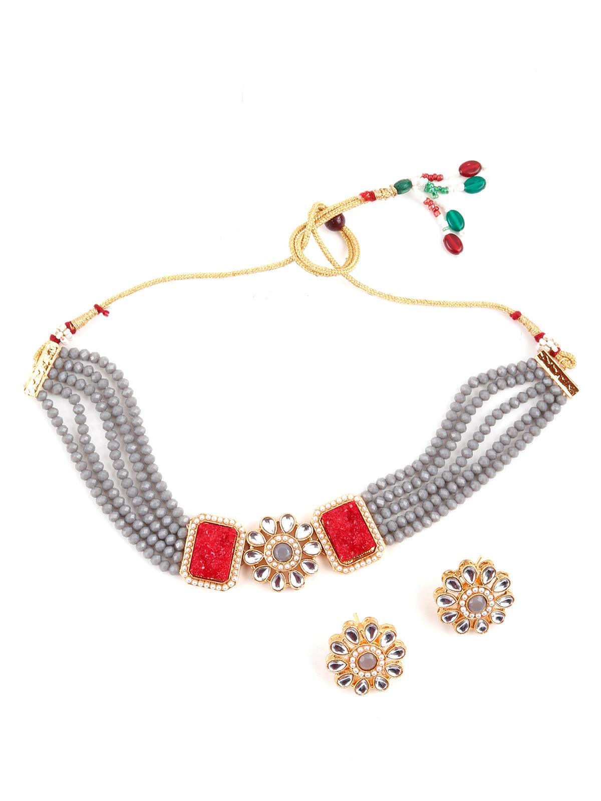 Grey Red Trendy Kundan Choker Set - Odette