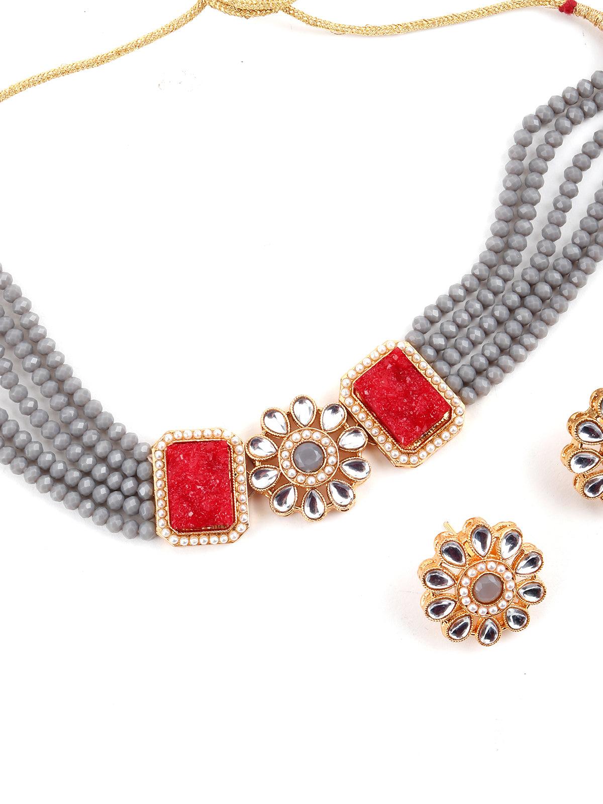 Grey Red Trendy Kundan Choker Set - Odette