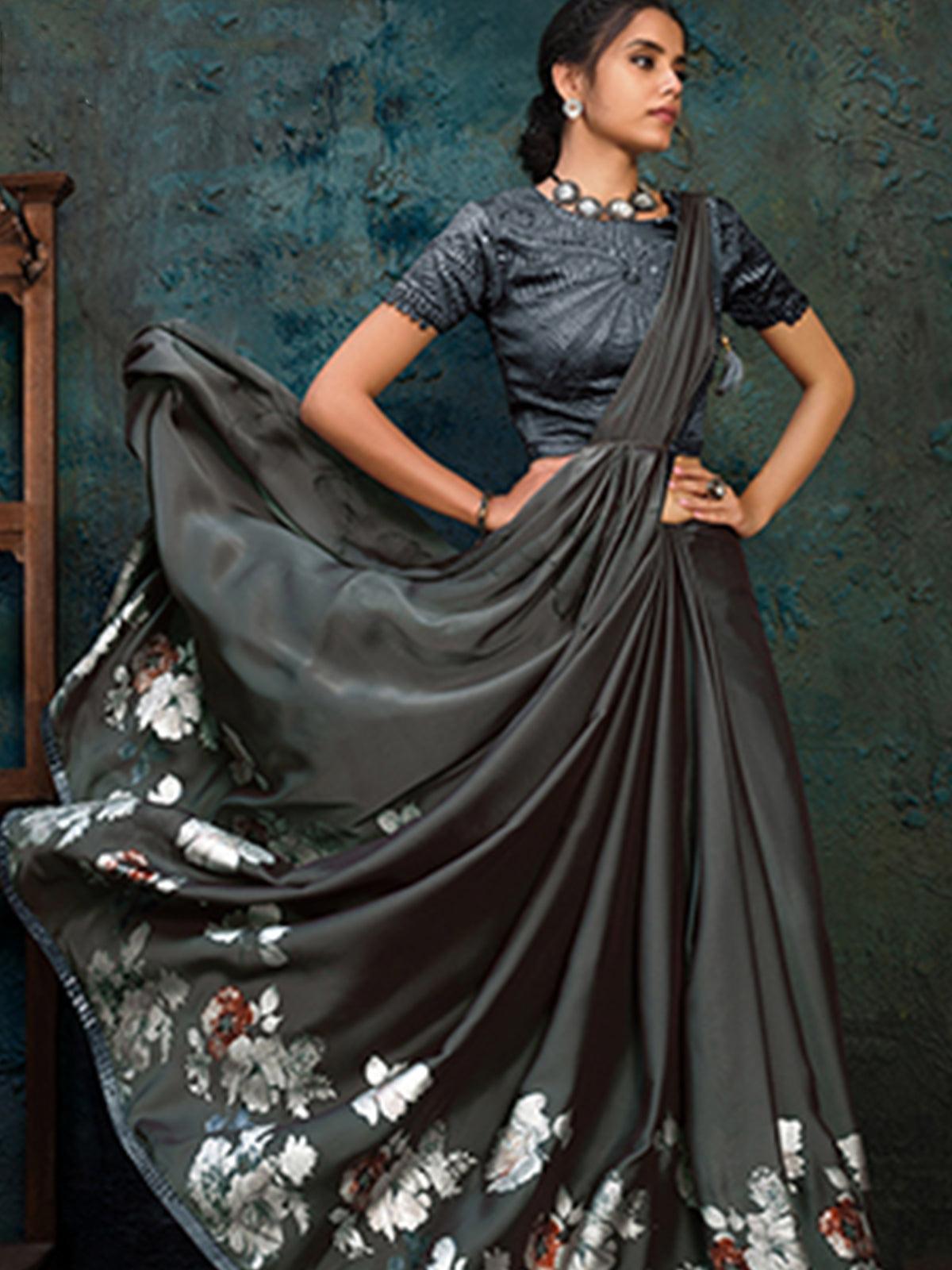 Grey Silk Georgette Designer Saree With Blouse. - Odette