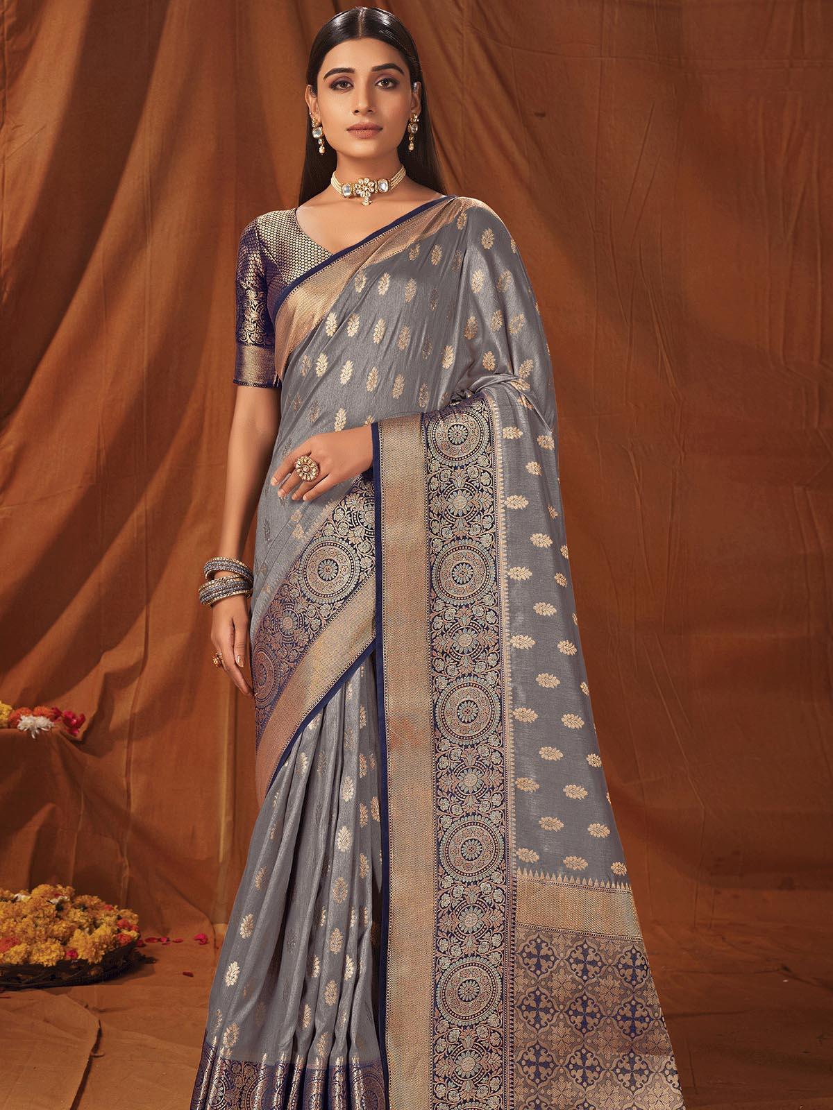 Grey Silk Heavy Jari Wevon Designer Saree - Odette