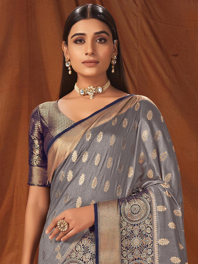 Grey Silk Heavy Jari Wevon Designer Saree - Odette