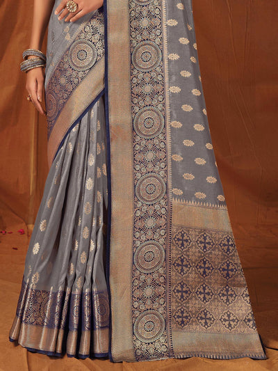 Grey Silk Heavy Jari Wevon Designer Saree - Odette