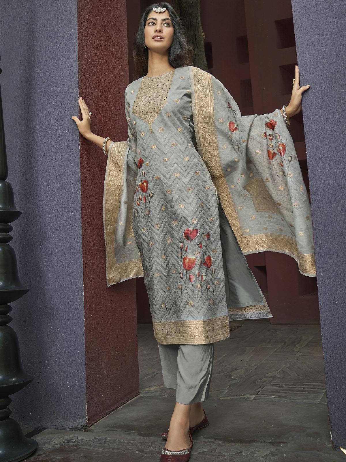 Grey Unstitched Digital Printed Dress Material With Dupatta - Odette