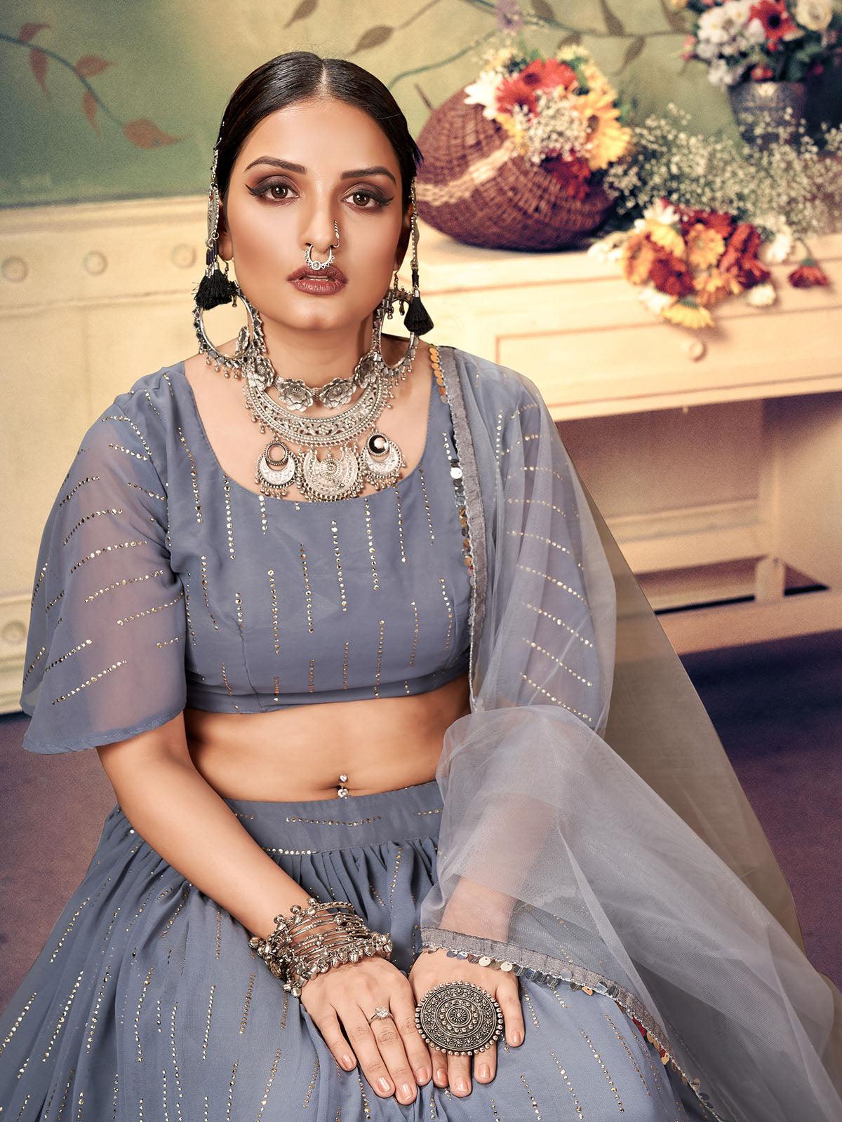 Grey Sequins Embroidered Netted Lehenga Choli