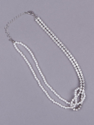 Half pearl and half studded designer necklace -Silver - Odette