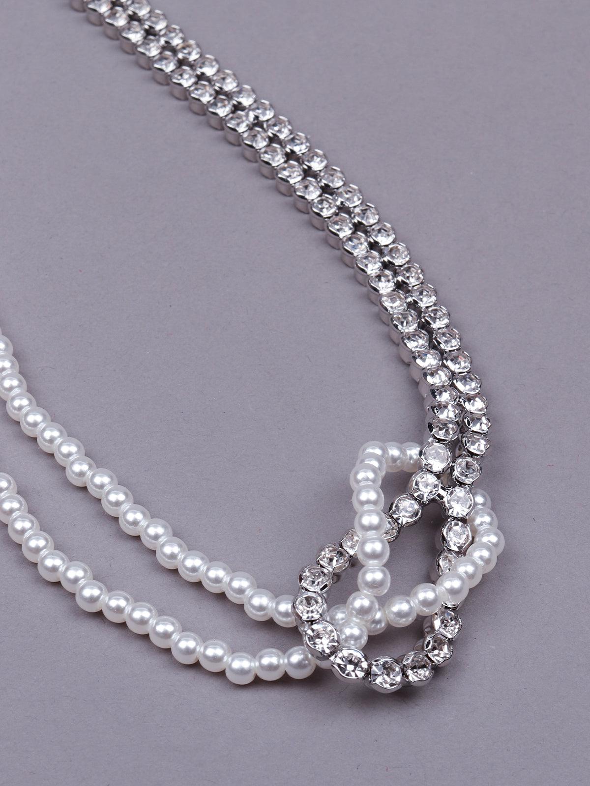 Half pearl and half studded designer necklace -Silver - Odette