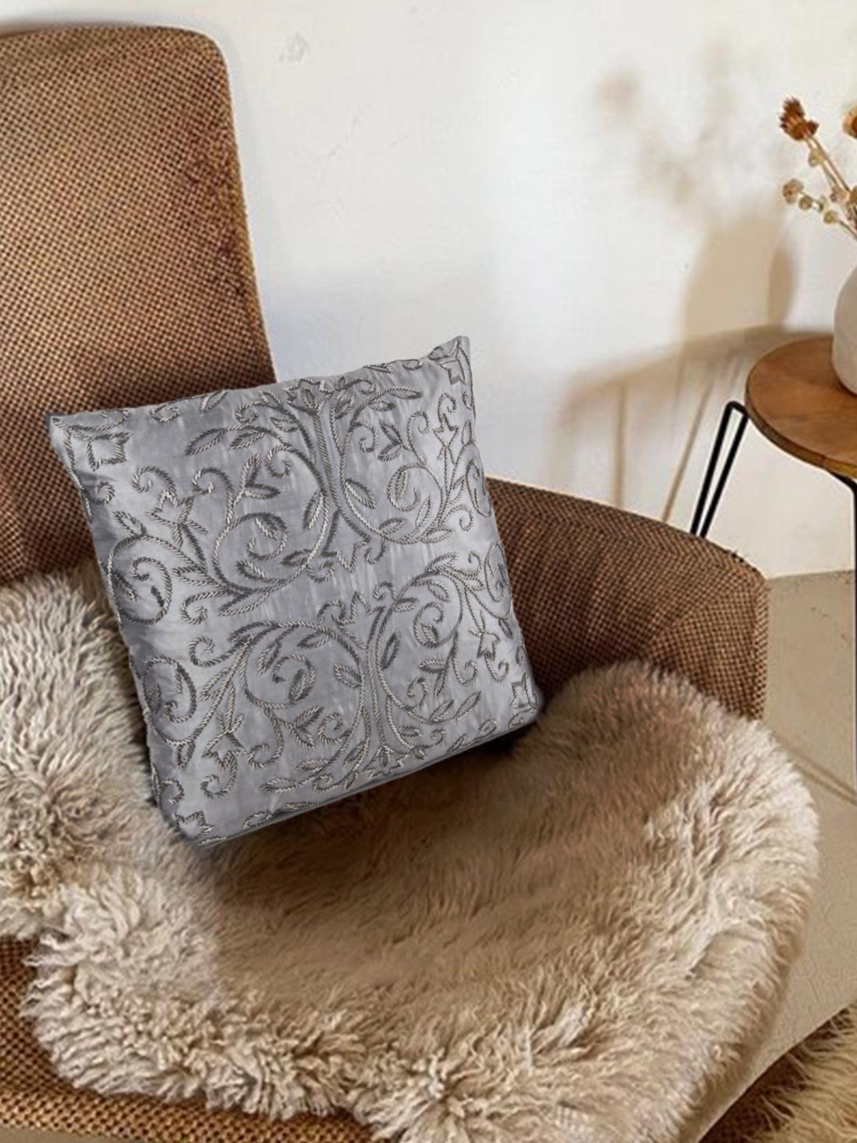 Handmade Grey Floral Embroidered Cushion - Odette
