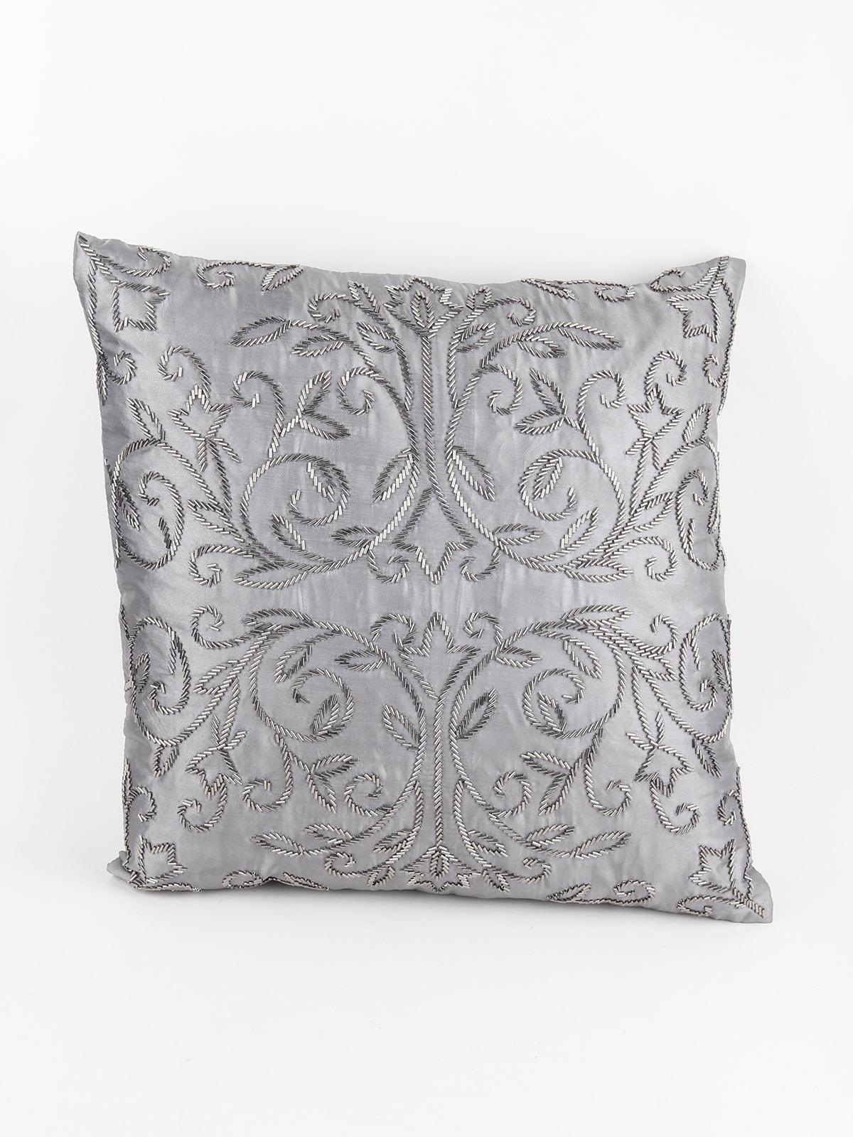 Handmade Grey Floral Embroidered Cushion - Odette