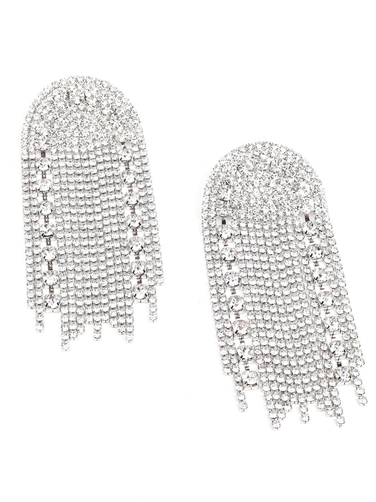 Heavily Embellished Overlapping Crystal Drop Earrings- Silver - Odette