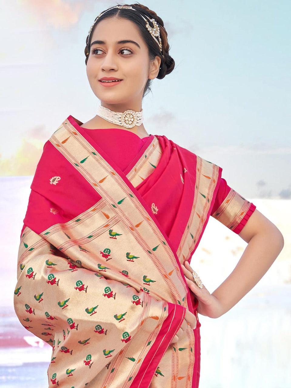 Hot Pink Banarasi Soft Silk Woven Design Saree With Blouse Piece - Odette