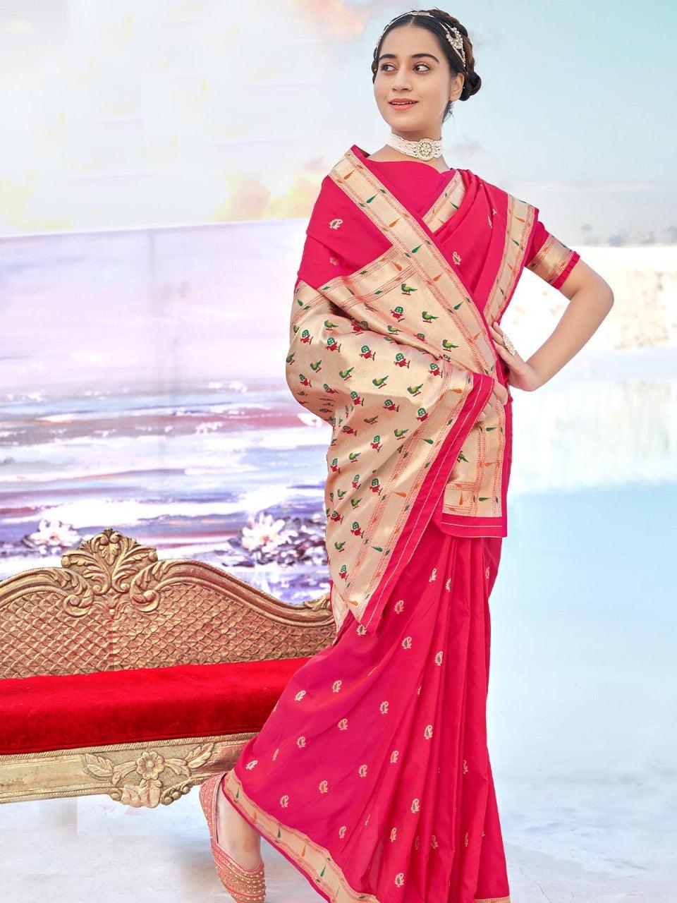 Hot Pink Banarasi Soft Silk Woven Design Saree With Blouse Piece - Odette