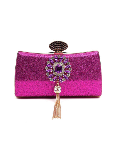 Hot pink shimmering clutch embellished with a brooch - Odette