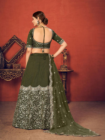 Impressive Olive Green Art Silk Lehenga Set - Odette