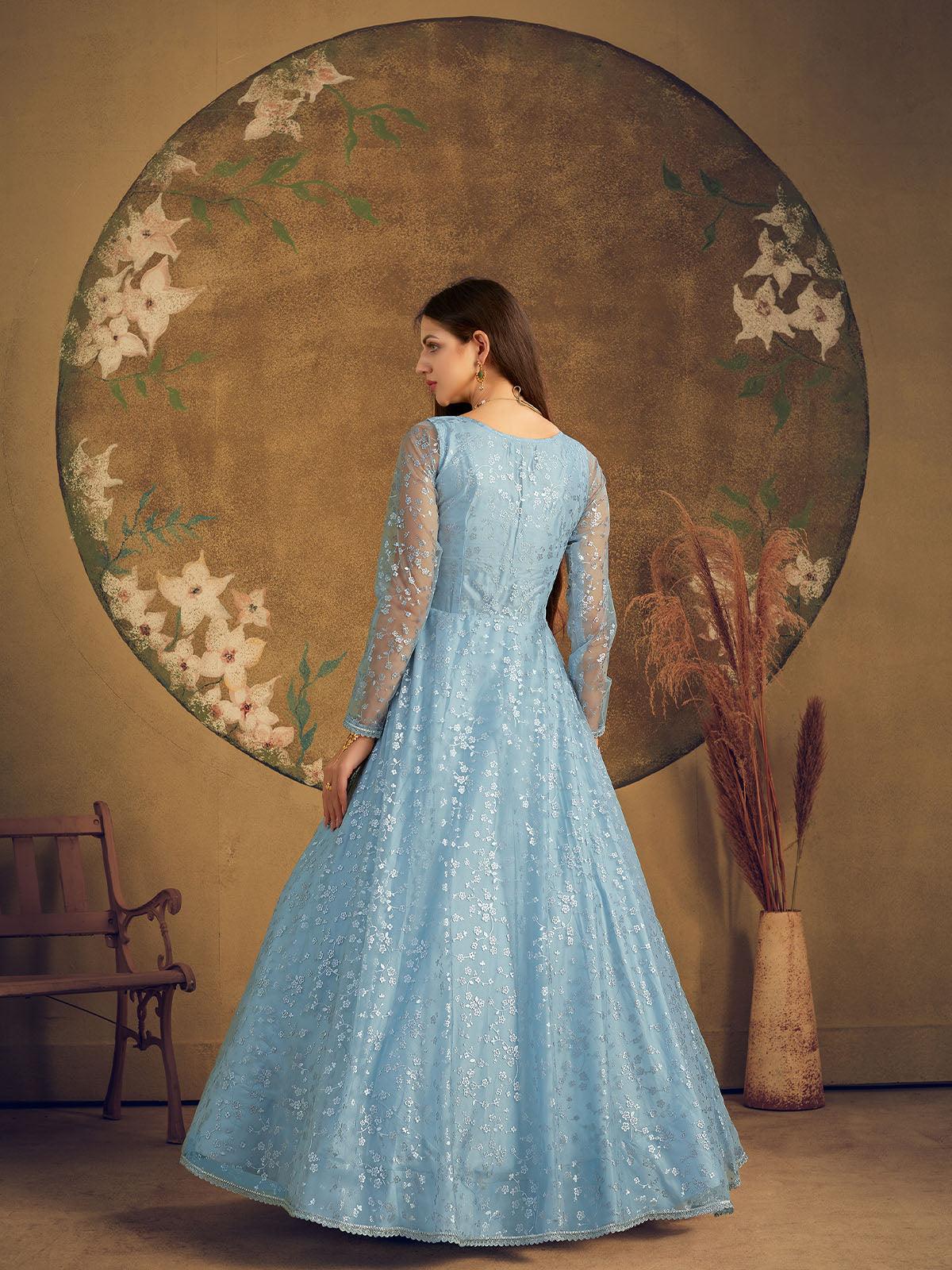 blue net dress designs Buy Blue Net Resham Designer Gown Online : 157432 -