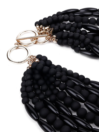 Jet black matte multi-layered beaded necklace - Odette