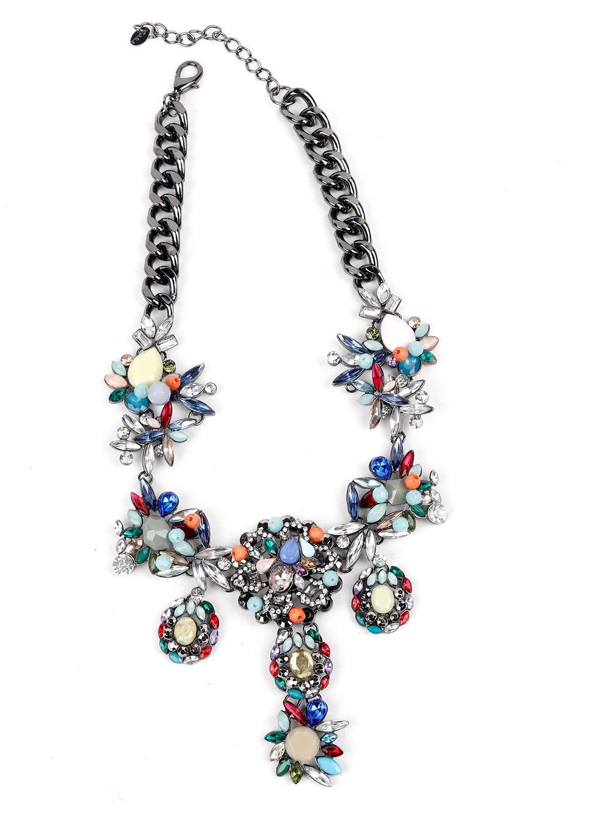 Jewel-Tone & Grey Chain Floral Necklace - Odette