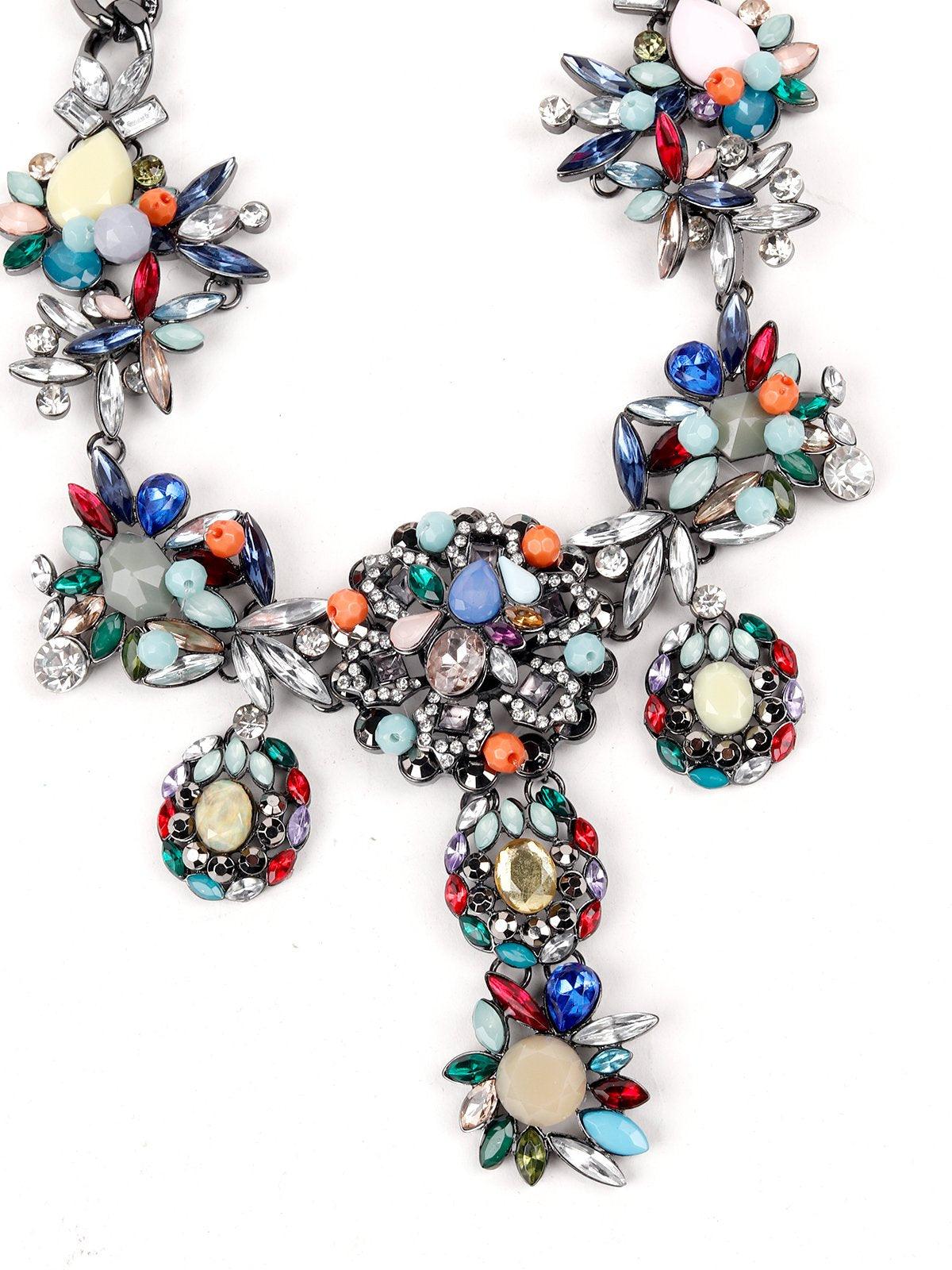 Jewel-Tone & Grey Chain Floral Necklace - Odette
