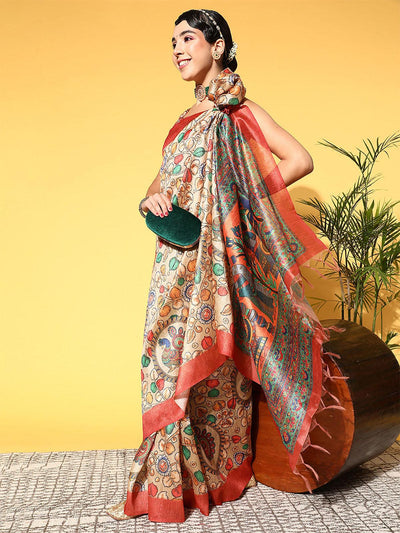 Khadi Silk Beige Printed Designer Saree With Blouse Piece - Odette