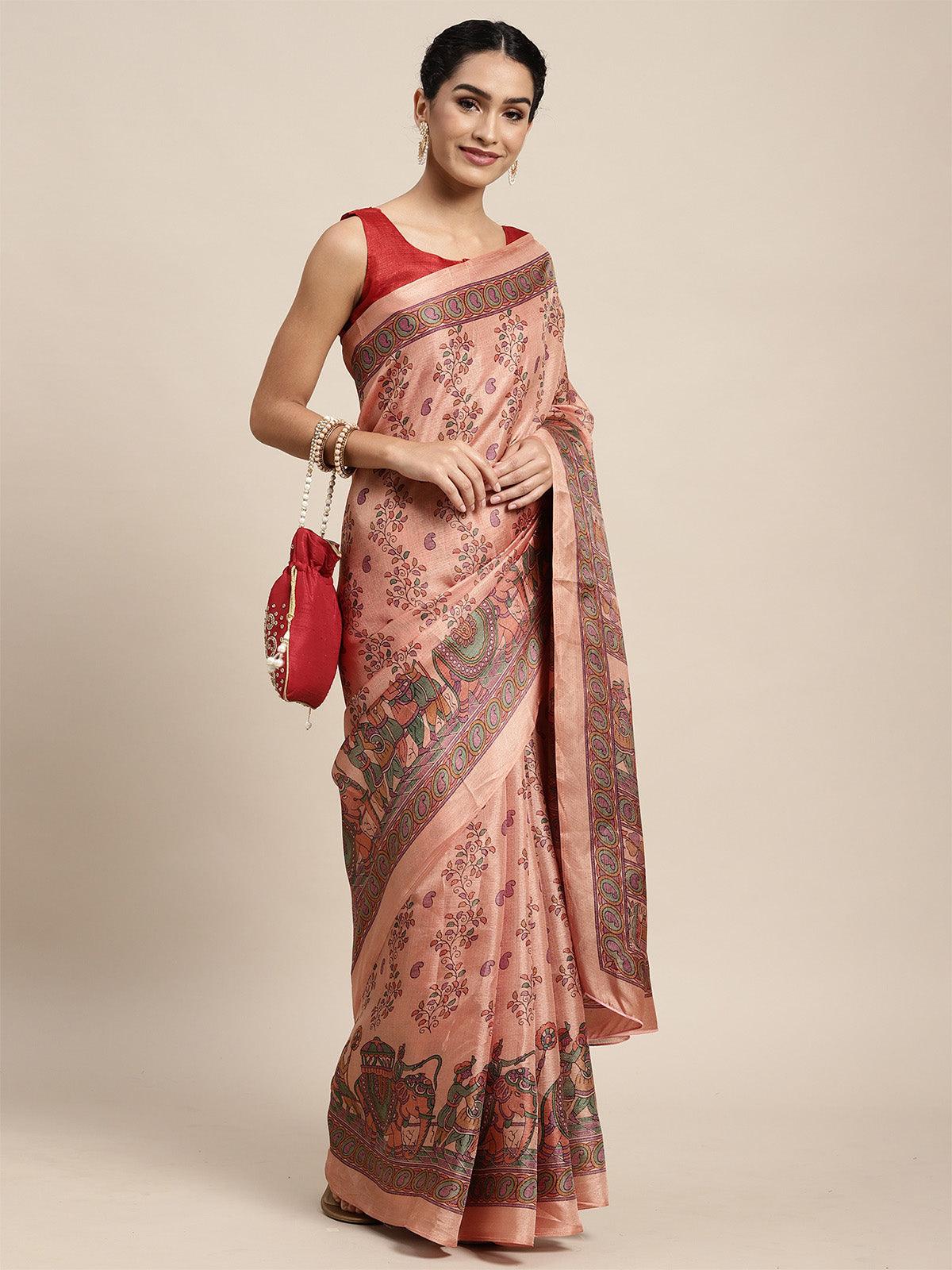 Khadi Silk Beige Printed Saree With Blouse Piece - Odette
