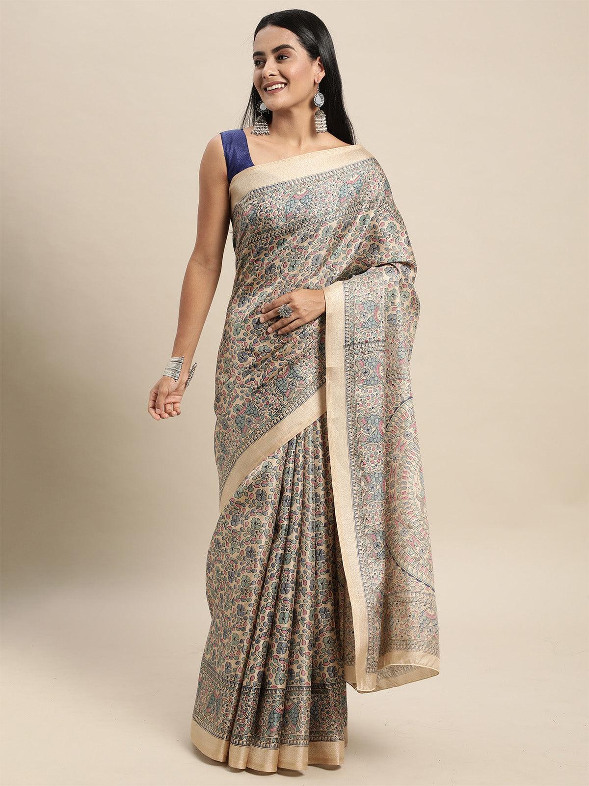 Khadi Silk Blue Printed Saree With Blouse Piece - Odette
